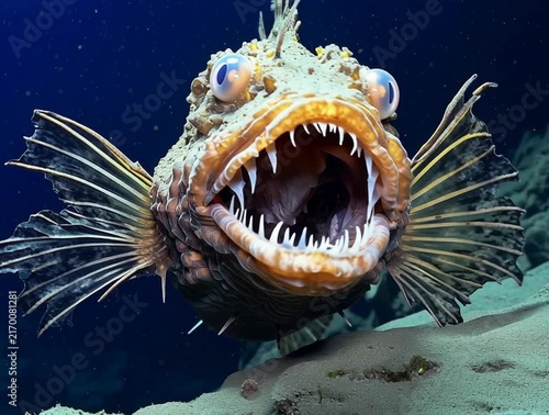 Scary fish opens its mouth showing its teeth underwater