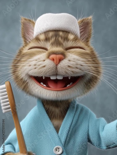 Happy anthropomorphic cat wearing bathrobe holding toothbrush