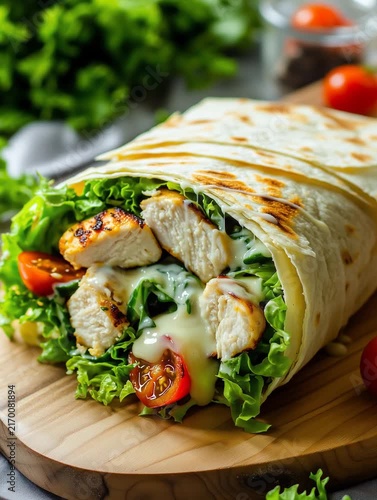 Delicious chicken wrap with fresh salad and creamy sauce on wooden board