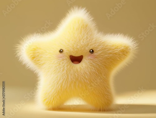 Fluffy yellow star character smiling happily on yellow background