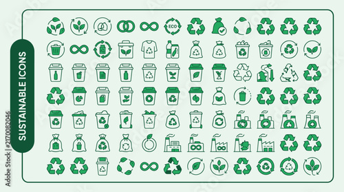 Sustainable living and ecology line icon set for green environment