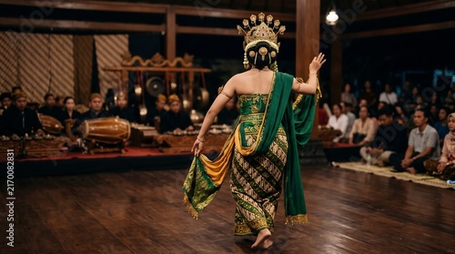 Traditional Javanese dancer performing in a dimly lit venue with musicians in the background