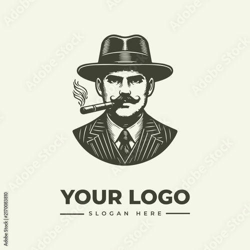 Vintage style illustration of a gentleman wearing a fedora hat and smoking a cigar.
