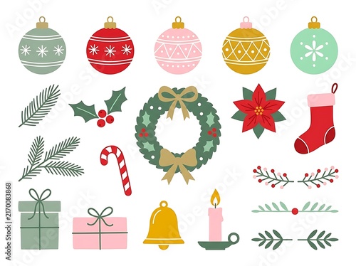 Set of cute hand drawn christmas vector elements featuring ornaments wreath gifts candle holly and stocking decorations