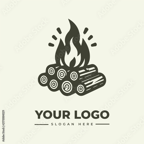 Minimalist campfire log logo design for camping and outdoor adventure brand identity.