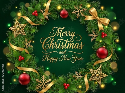 Decorative Christmas wreath with pine branches gold ribbons red baubles and snowflakes on a dark green background