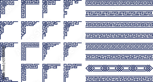 Traditional Chinese corner ornaments and border patterns vector set with geometric key-fret motifs