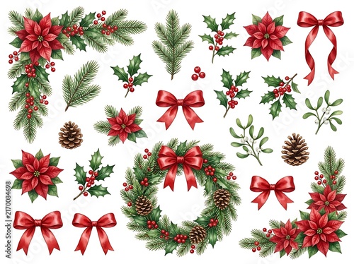 Set of festive christmas design elements featuring watercolor poinsettia flowers pine branches holly berries and red ribbons