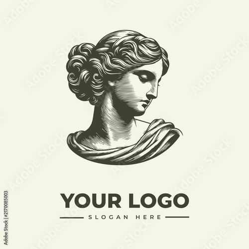 Elegant classical sculpture bust logo design featuring a woman with an artistic hairstyle.