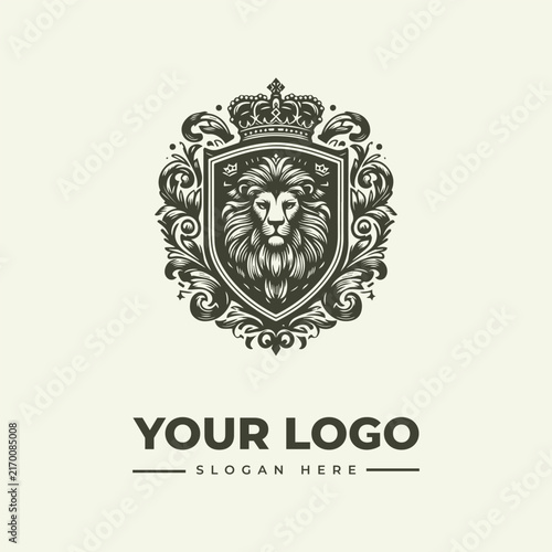 Elegant heraldic lion head logo design with crown and ornate floral shield frame.