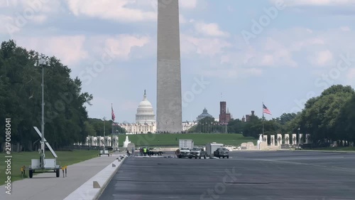 WASHINGTON DC - August 24, 2026 - Long shot of crews repairing the drained Lincoln Memorial Reflecting Pool with the Washington Monument and U.S. Capitol visible in the distance. 15330  
