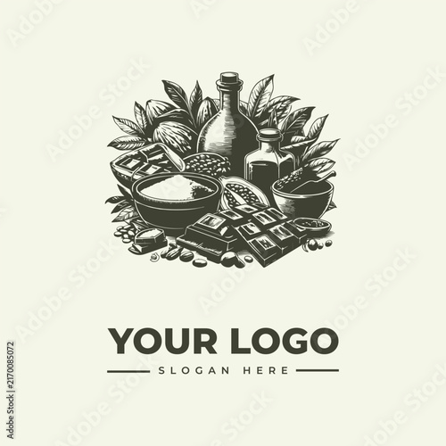 Hand drawn vintage style illustration of cocoa beans and chocolate products for a logo design.