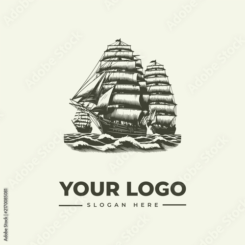 Vintage hand drawn illustration of sailing ships on the ocean for a nautical logo design.