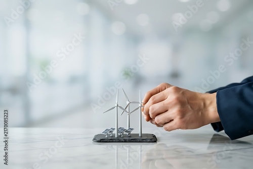 Hands placing miniature wind turbines and solar panels on a marble table in a bright office space