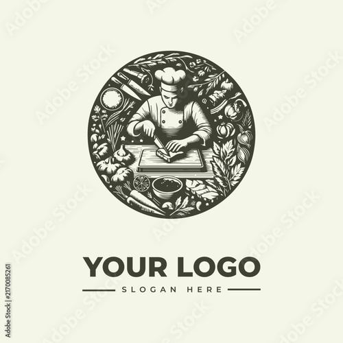 Professional chef preparing food in a circular emblem logo design.