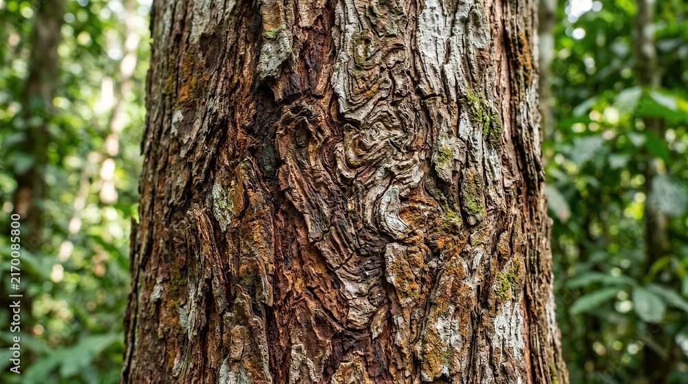 Obraz premium Closeup of rough tree trunk bark in dense forest
