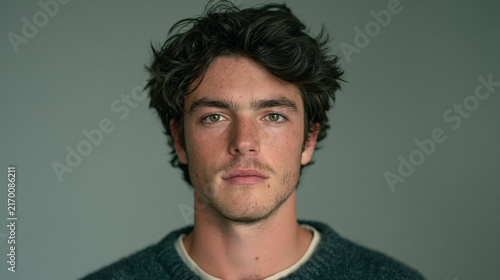 Close up portrait of a handsome young man with brown hair looking directly at camera. Ai gen.