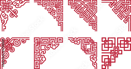 Traditional Chinese red corner border ornaments and geometric key-fret vector illustration set