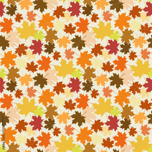 Multicolored autumn maple leaves isolated on a white background. Natural seamless pattern. Simple flat vector graphic illustration. Texture.