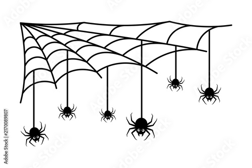 Spider web and hanging spiders icon. Black outline line silhouette. Editable strokes. Front and side view. Vector simple flat graphic illustration. Isolated object on a white background.