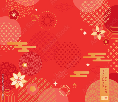 Chinese luxury golden geometric background for New Year and other holidays.Japanese traditional pattern on red backdrop. Oriental design for cards,posters,advertise,web,sales,banners,flyers,discounts.