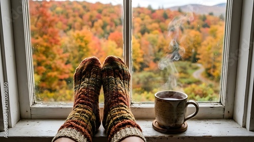 Cozy Autumn Scene Feet Up With Hot Drink Looking Out Window At Fall Foliage