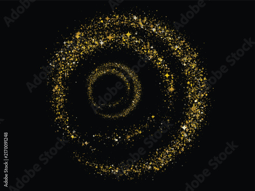 Golden glitter particles swirl in a circular vortex