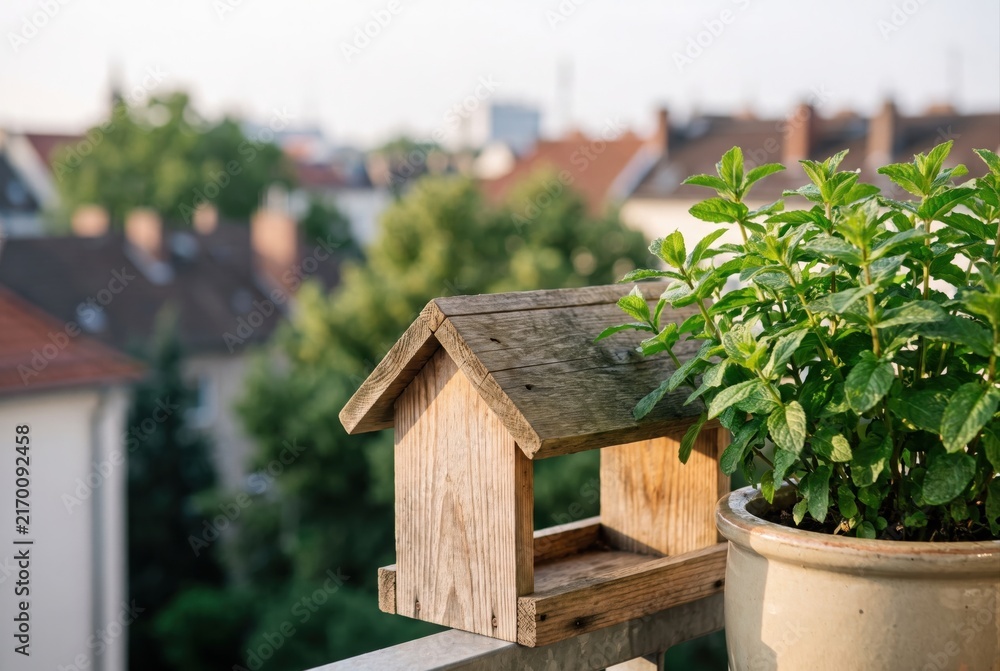 Fototapeta premium Small rustic wooden birdhouse sitting on a balcony railing next to a potted mint plant