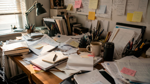 Messy office desk with scattered papers and documents
