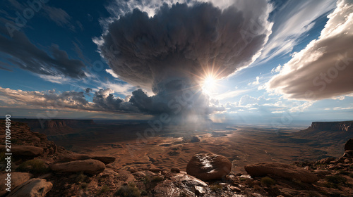 Dramatic Supercell Thunderstorm Over Vast Desert Canyon Landscape