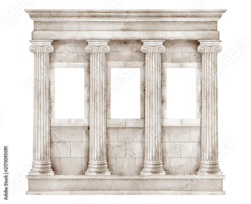 Foto Roman colonnade watercolor illustration with classical stone columns and architectural details isolated on background