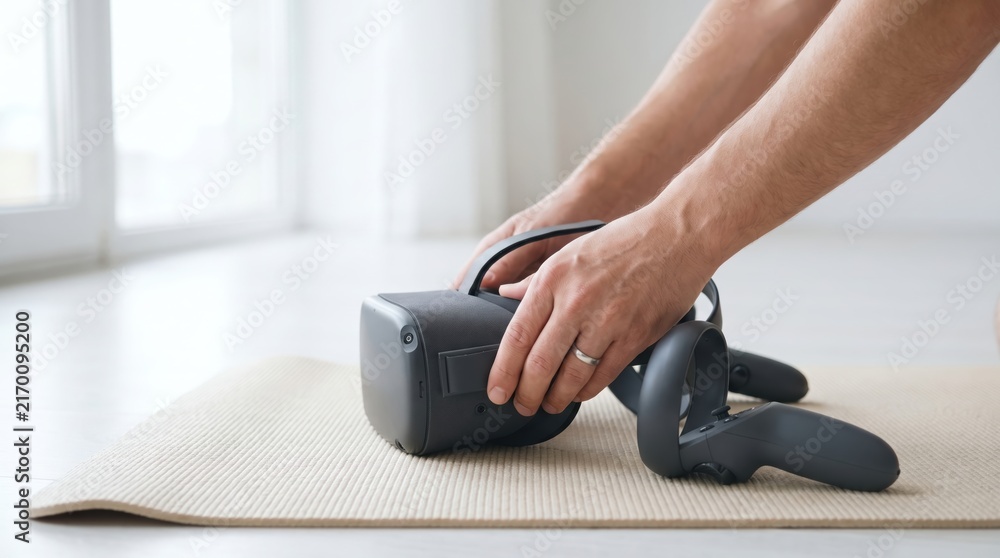 Fototapeta premium Man placing a virtual reality headset and controllers onto a beige yoga mat on the floor