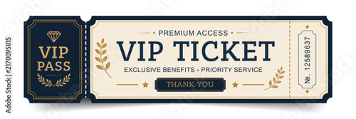 VIP ticket vector illustration. Elegant premium pass design with luxury gold and dark blue elements, vintage style, and typography. Admission coupon for event, concert, or party isolated on white back