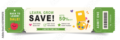 Back to school sale ticket design with cute apple, notebook, and art palette. Special discount coupon banner for education promotion. Flat vector illustration isolated on white background.