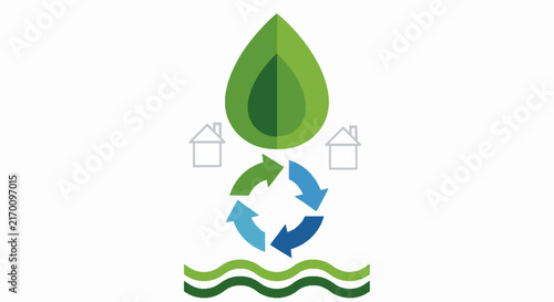 Green water drop and recycling arrows with house icons on waves with illustration recycling eco friendly
