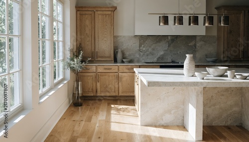 Bright kitchen with stone island and morning sunlight