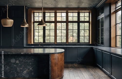 Dark modern kitchen with black cabinetry and large windows