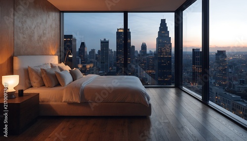 Luxury bedroom with panoramic city skyline view at dusk