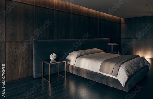 Dark luxury bedroom with upholstered bed and wood panel walls