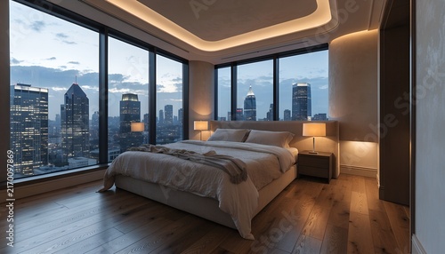 Modern luxury bedroom with floor to ceiling windows and skyline view