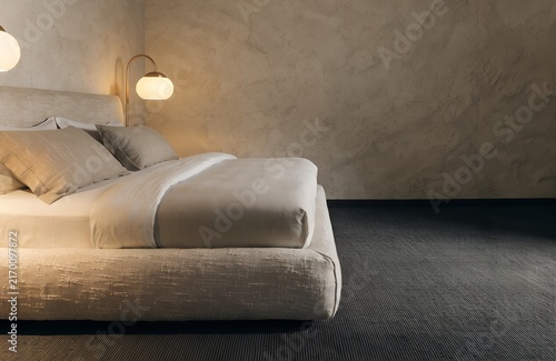 Boutique style bedroom with warm lighting and copy space