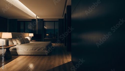 Modern luxury bedroom with evening lighting and expansive wall space