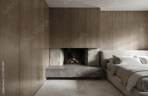 Minimal luxury bedroom with built in fireplace and wood paneling