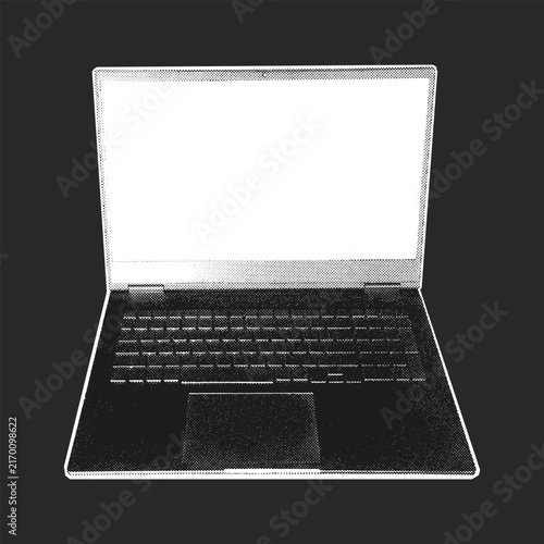 Halftone laptop with blank white screen on dark black background, frontal view. Vector illustration for technology mockup and digital workspace concepts.