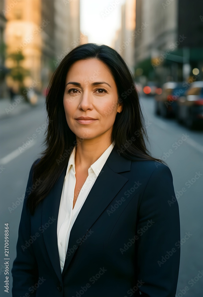 Naklejka premium Confident business woman in urban setting, professional leadership and corporate success, diverse female executive portrait outdoors