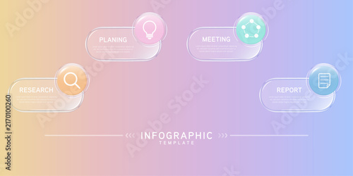 Infographic labels with icons and Neomorphism 4 step. Liquid glass and Banner. Vector illustration.