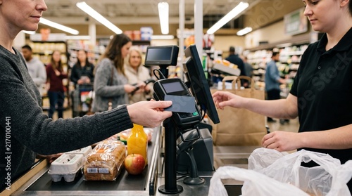Customer pays with credit card at grocery store checkout with cashier bagging groceries