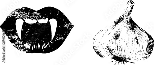Grunge black and white vampire mouth with fangs and garlic stencil illustration for halloween poster background and gothic design