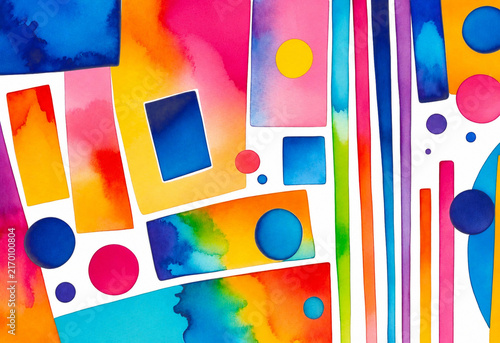 Colorful Abstract Watercolor Geometric Composition with Shapes and Lines