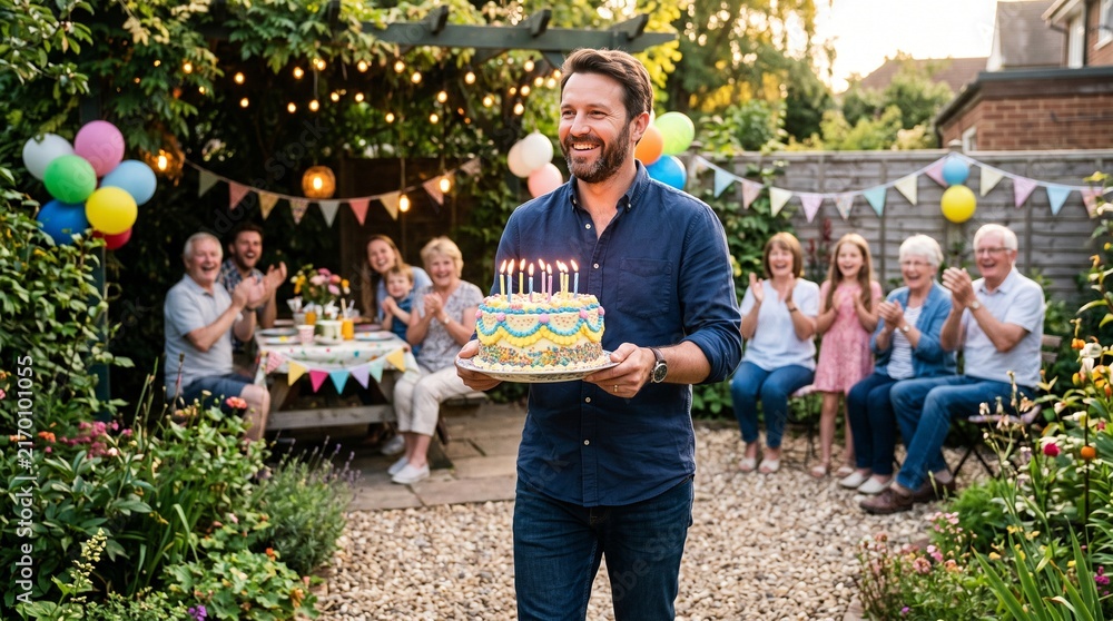 Obraz premium Man holding birthday cake with lit candles at outdoor family garden party celebration